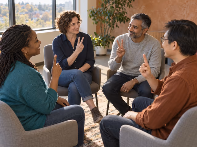 Four seated adults show one or two fingers to reveal their choices during a conversation game.