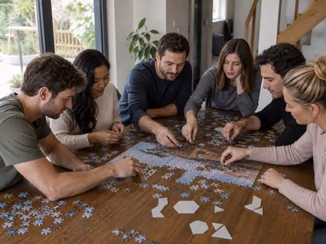 Friends fitting jigsaw pieces together on a table.