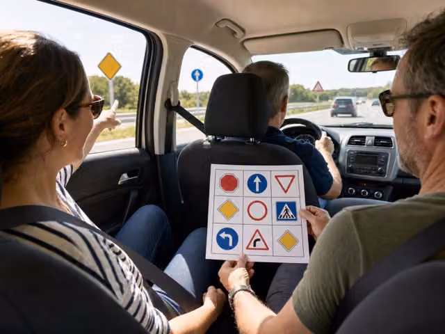 Passengers holding a road-sign bingo sheet inside a car.