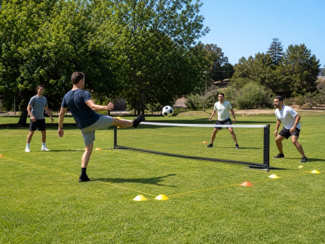 Soccer Tennis activity preview - Classic soccer tennis — rallies over a net with a touch cap and bounce rule.