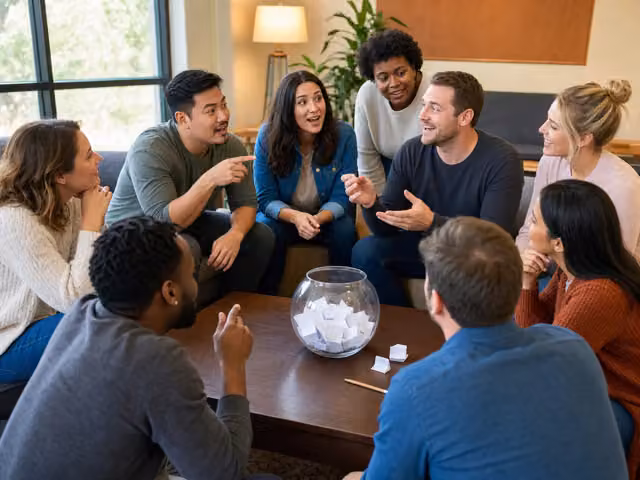 Friends gathered around a glass bowl filled with folded paper slips.