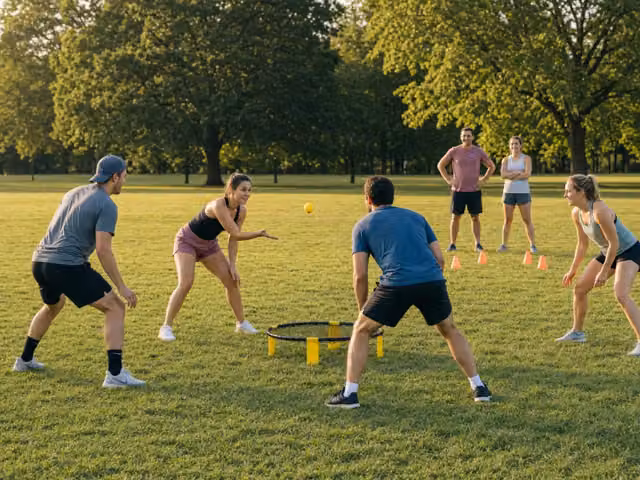 Four players around a low round net on a lawn.
