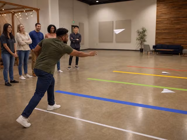 A player throwing a paper airplane across a room while friends wait behind marked floor lines.