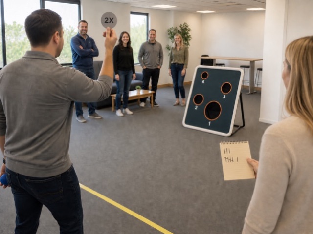 Comeback Double Once activity preview - Trailing players get one declared double-value soft toss in a short office round.