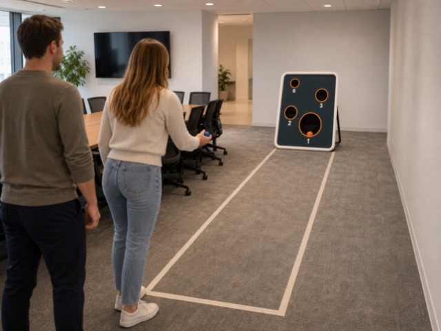 Conference-Table Perimeter Lane activity preview - Office lane-control format: soft tosses must stay in a taped corridor.