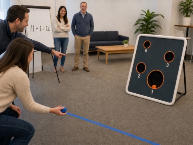 Meeting-Room Exact Finish activity preview - Office race that must finish exactly on 12 with soft multi-hole tosses.