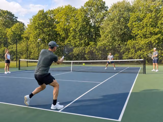 A tennis player swinging a racket on an outdoor court.