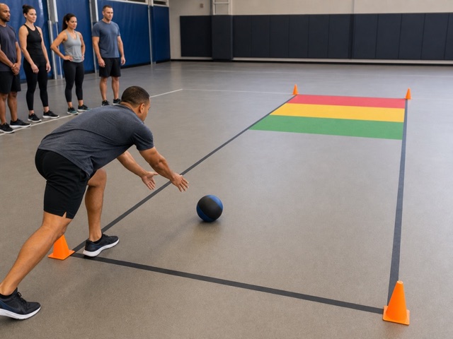 Medicine Ball Roll Target activity preview - Roll one session-selected soft-shell, low-bounce weighted ball along a clear lane toward fixed 1-, 2-, and 3-point stop zones; no throwing.