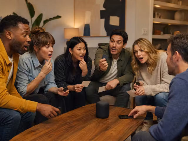 Friends listening and reacting around a small speaker on a table.