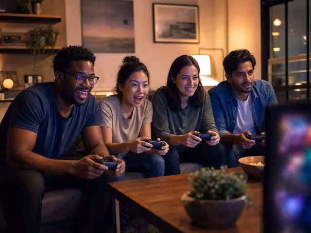 Four adult friends play together on a television, each holding a game controller.