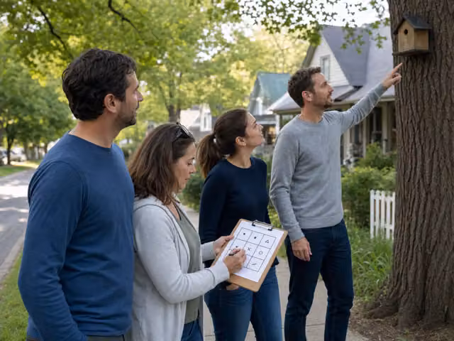 Friends walking outdoors with paper bingo sheets and looking toward a tree.