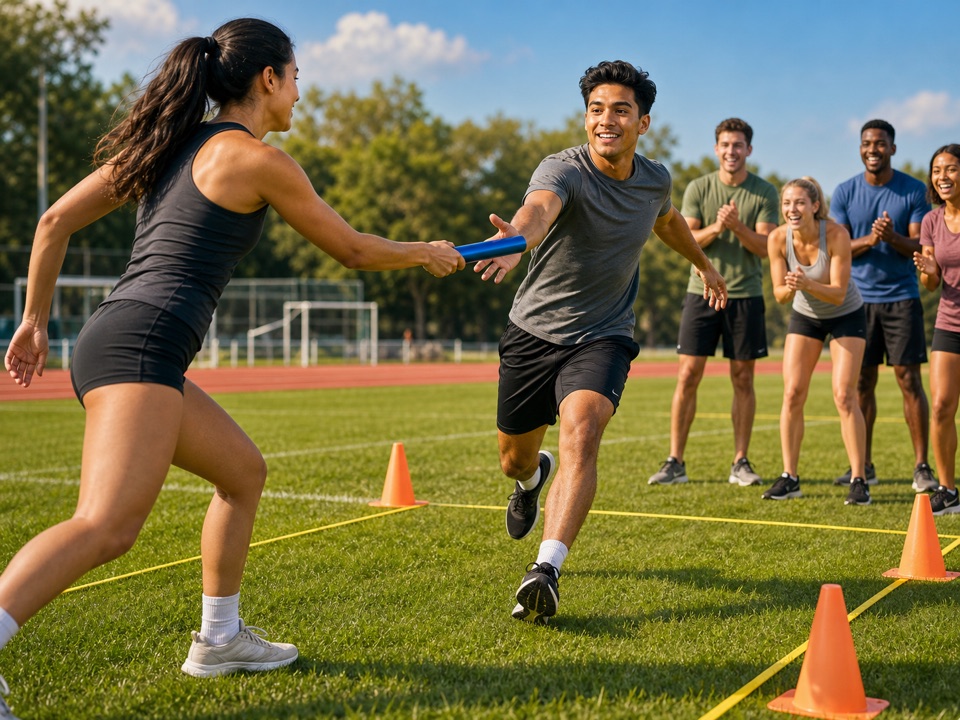 Adults completing a relay handoff on an outdoor track