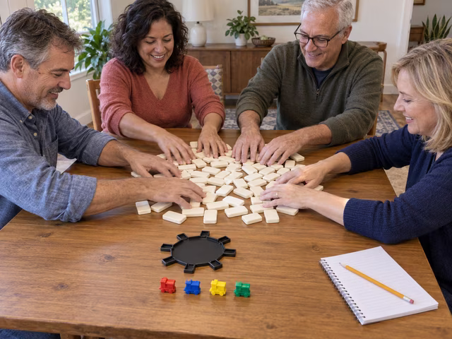 Four adults mixing face-down dominoes before Mexican Train, with an empty hub and colored train markers nearby.