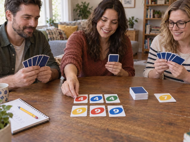 Adults at a card table with two exposed sets of three numbered cards and a closed hand of remaining cards.
