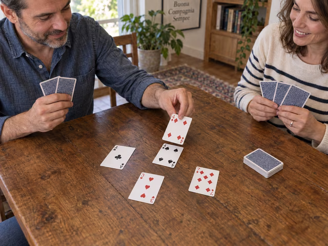 A player puts a four beside loose table cards during a two-player capture-card game.