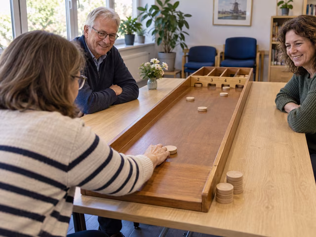 An adult sliding a wooden disc along a Sjoelen board toward four gates marked 2, 3, 4 and 1, with friends watching.