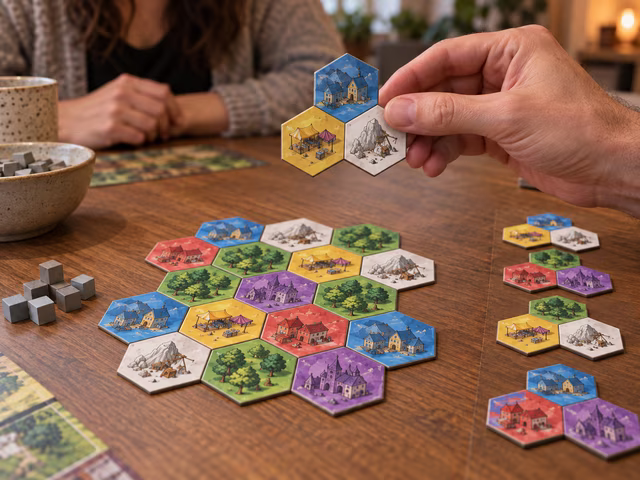 An adult placing a flat three-hex city tile beside a growing city.