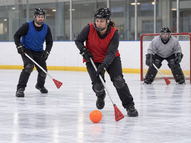 Adults wearing helmets, gloves, knee pads and broomball traction shoes guide an orange ball with broomball sticks on an indoor ice rink; nobody wears skates.