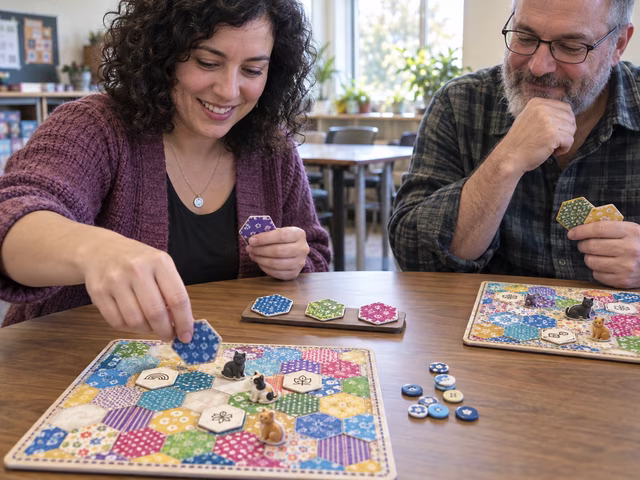 Adults arranging patterned hexagonal quilt tiles and cat markers.
