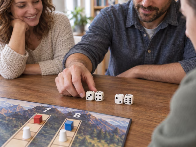 Players divide four dice into pairs beside numbered progress tracks.