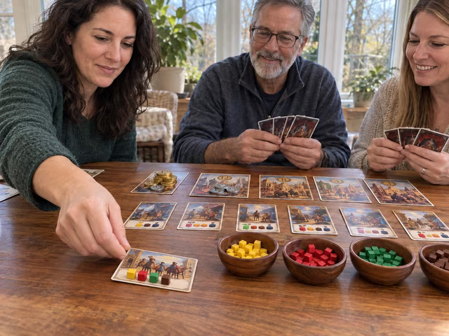 Adults exchanging colored cubes beside merchant and scoring cards.