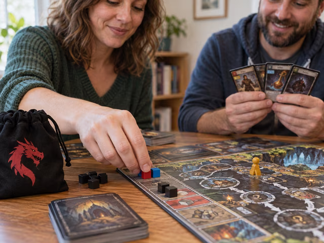A player adds colored noise cubes beside a dungeon map and dragon bag.