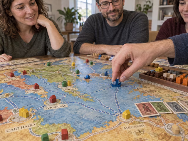 A player moves a wooden ship along a Mediterranean trade route.