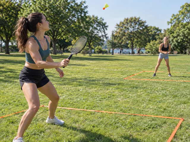 Adults rallying with short rackets between two marked outdoor squares.