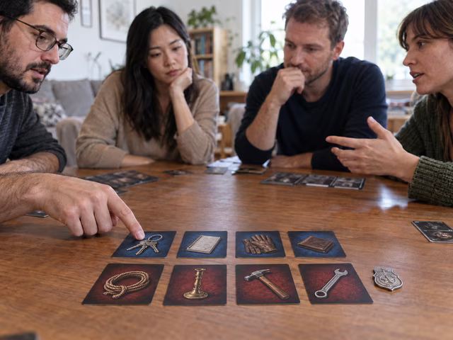 Adults examining clue and means cards during a cooperative deduction game.