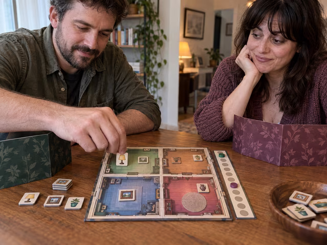 Adults discussing furnishings on a shared four-room board.
