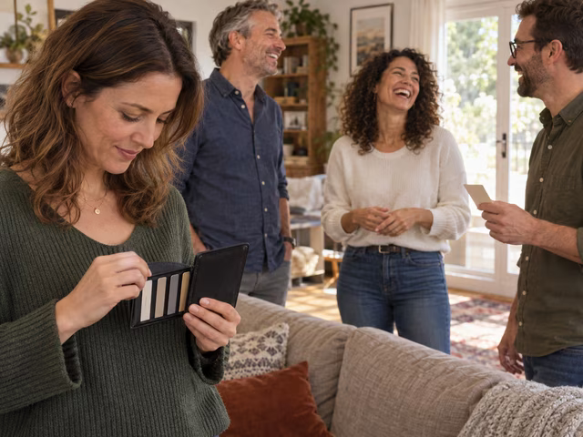 An adult discreetly reading a mission wallet during a gathering.
