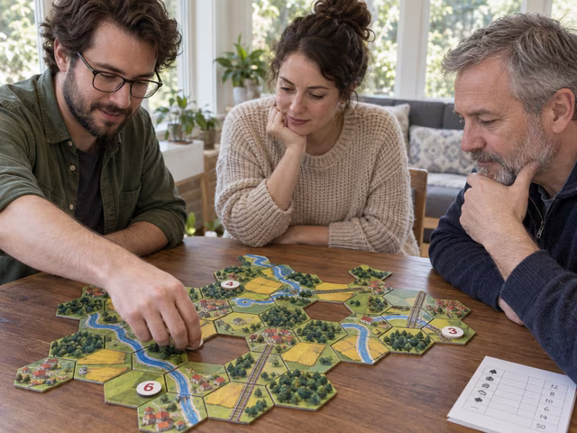 Adults extending a shared landscape of connected hexagonal tiles.