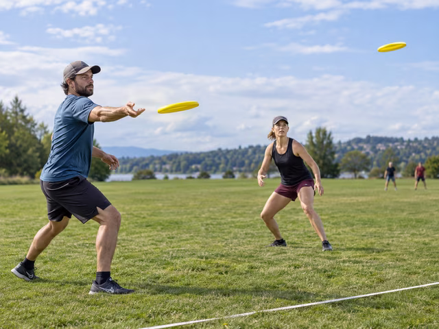 Four adults in pairs occupy two separated grass squares while two lightweight flying discs are visible in flight between the courts.