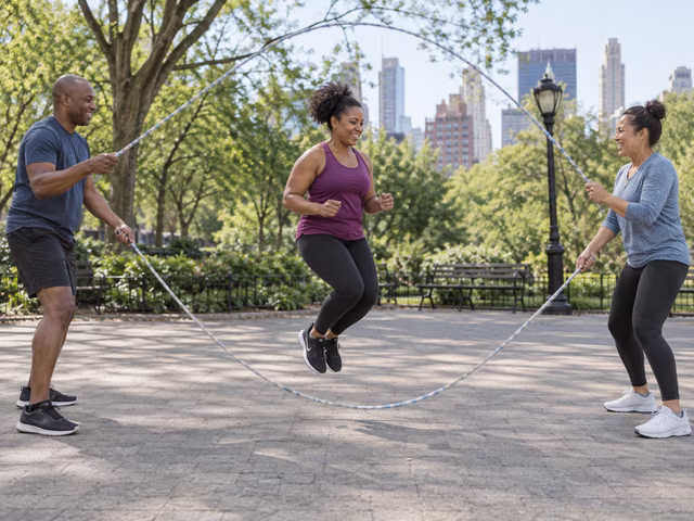 Adults turning two long ropes for a jumper in the center.
