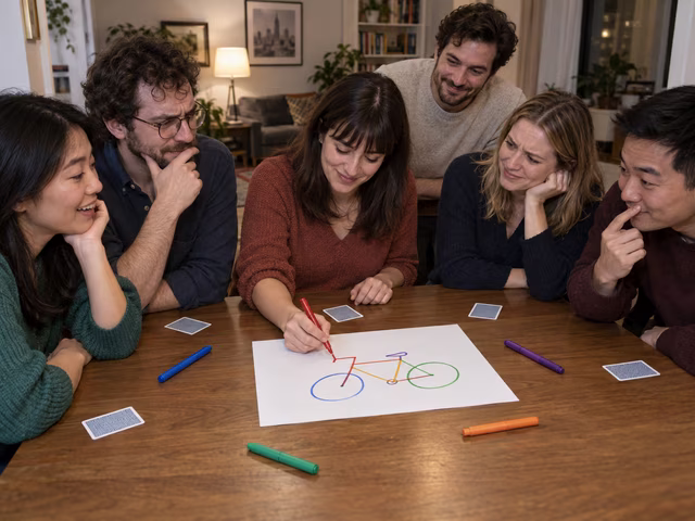 Adults adding colored lines to a shared drawing at a table.