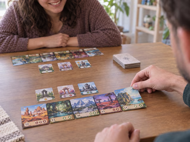 Players extend rows of landscape cards with smaller sanctuary cards above them.