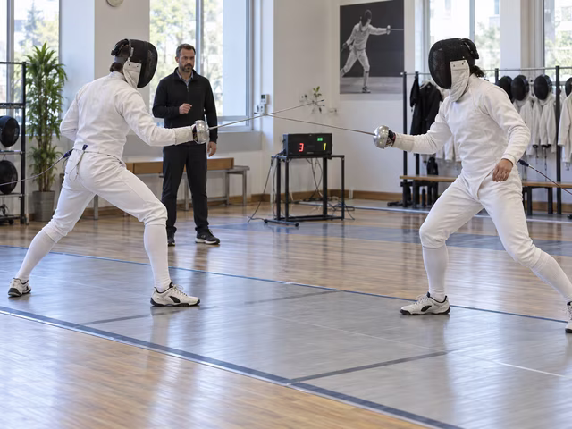 Two adult beginners wearing complete white fencing clothing, gloves and masks face each other with épées on a club strip while a coach referees.