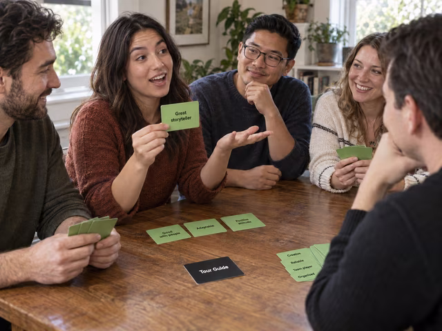 Friends using qualification cards to improvise a playful job interview.