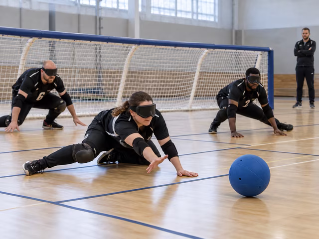 Six adult goalball players wearing eyeshades and knee/elbow protection defend in threes on a tactile indoor court as a blue audible ball rolls low toward a wide goal.