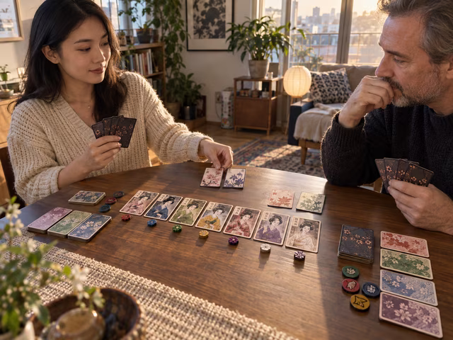 Two adults considering item-card offers across a row of seven artist cards.