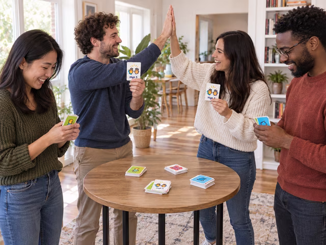 Adults exchanging matching action cards and a high five around a table.