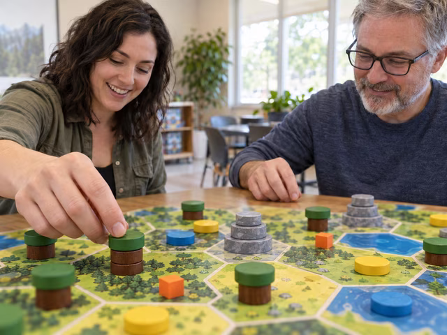 An adult stacking round wooden landscape tokens on a hexagonal grid.