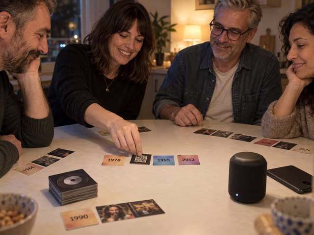 Adults arranging music cards into a timeline beside a phone.