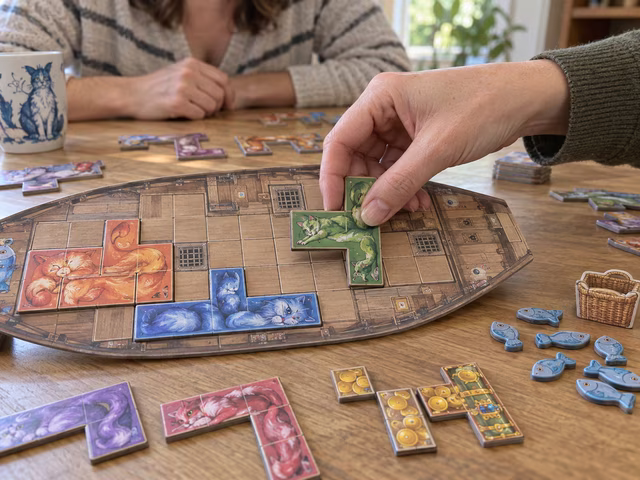 A player considers a cat-shaped tile for a gridded boat board.