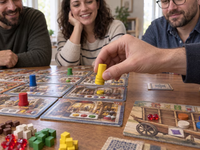 A player lifts a merchant stack above bazaar tiles and an assistant disk.