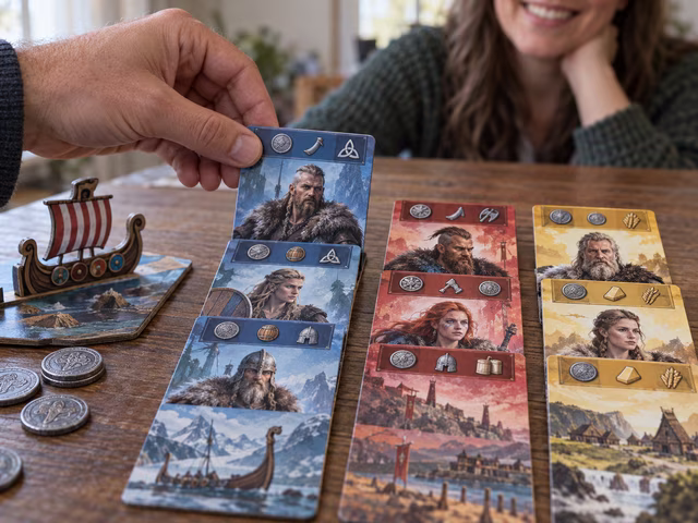 Adults playing Viking cards beside a shared recruitment market.