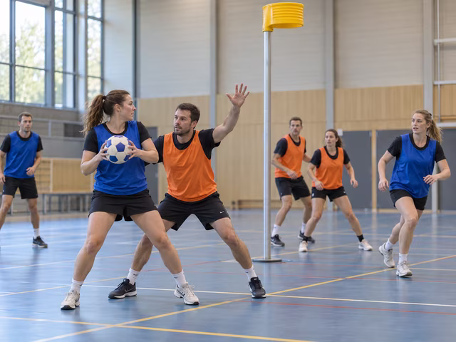 Adult korfball players pass around a tall freestanding yellow basket with no backboard while one defender closely marks the ball holder on an indoor two-zone court.