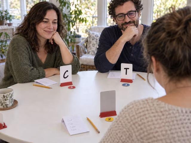 Adults viewing outward-facing letter cards during a cooperative word game.