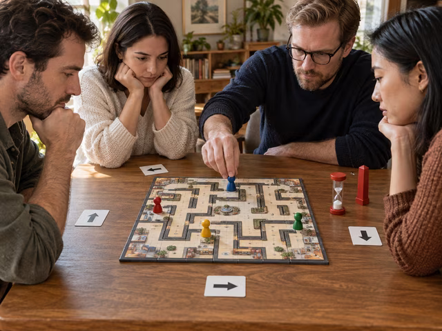 Adults coordinating colored pawns on a shared maze of tiles.
