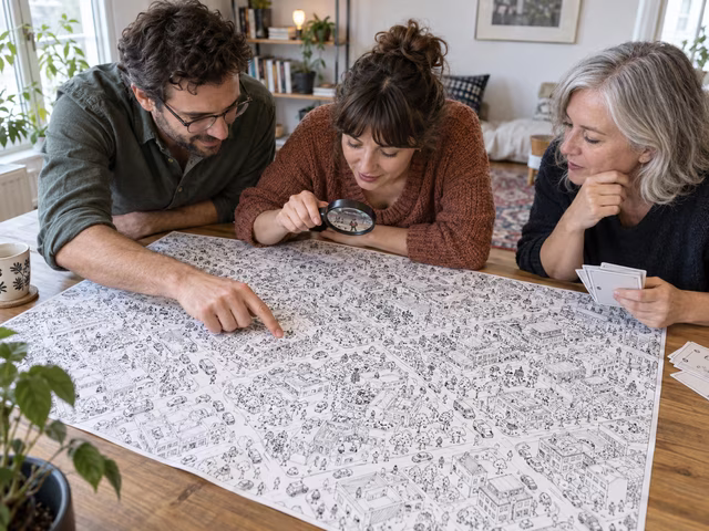Friends examining a detailed city map together to solve a visual mystery.